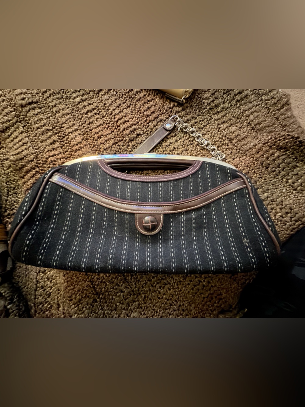 Black Striped Handbag with Brown Trim